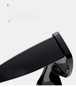 Detailed close-up of glossy black square sunglasses frame with wide temples and premium finish