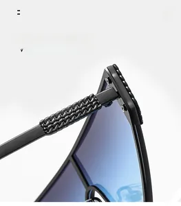 Macro detail of cat-eye sunglasses with black woven texture on hinges and gradient lenses
