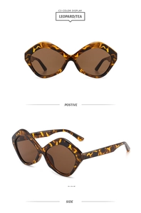 Detail view of leopard print geometric sunglasses with tea lenses from front and side angles