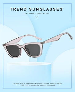 Detail of light purple square sunglasses featuring UV400 protection and dark gray lenses