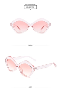 Detailed views of pink geometric sunglasses featuring gradient lenses and transparent frames