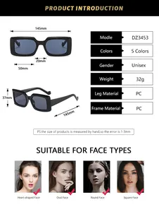 Detailed sizing chart and specifications for square frame PC sunglasses Model DZ3453