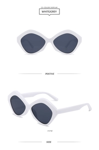 Front and side view of geometric irregular white sunglasses with dark grey lenses