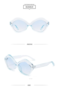 Detailed front and side views of light blue irregular geometric sunglasses with clear frames