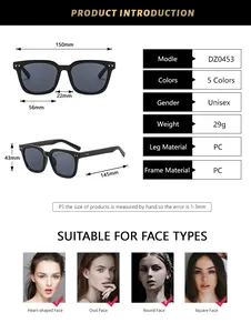 Size chart and specifications for unisex square frame sunglasses with PC frame measurements
