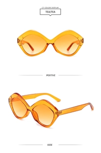 Detailed views of irregular geometric tea-colored sunglasses from front and side angles