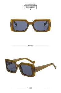 Detail of square sunglasses with olive green frames and grey lenses in dual perspectives