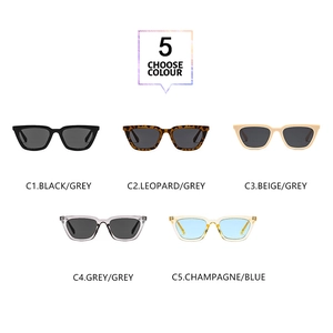 Detailed catalog showing five colors of retro square sunglasses from black to tortoiseshell