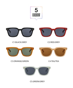 Vertical display showing five color options of square frame sunglasses with metal rivets
