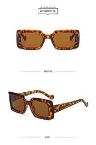 Front and side view of square leopard print sunglasses with brown lenses