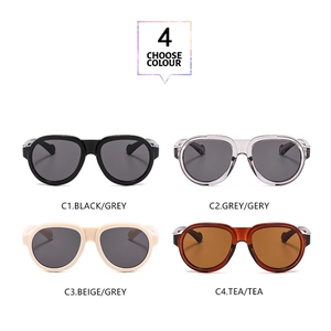 Detail view of stylish square sunglasses in four color options with UV protection