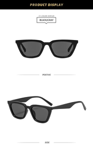 Detail view showing black square frame sunglasses with gray lenses from front and side angles