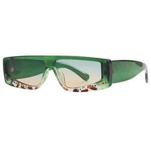 Fashion square green sunglasses with gradient lenses and sparkling rhinestone embellishments