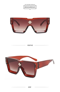 Macro detail of brown square sunglasses with gold star accent and gradient lenses