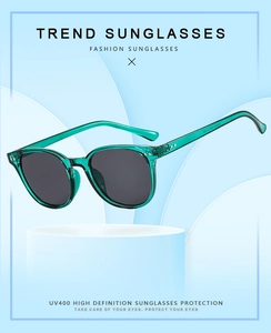 Detailed view of UV400 transparent green sunglasses with dark grey rectangular lenses