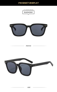 Front and side view of black square frame sunglasses with metal rivet details