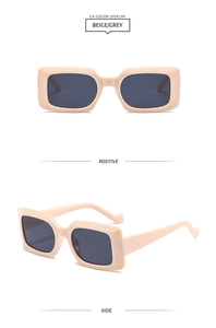 Front and side views of beige rectangle sunglasses with dark grey lenses in modern style