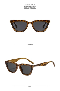 Front and side views of leopard print cat-eye sunglasses with grey lenses