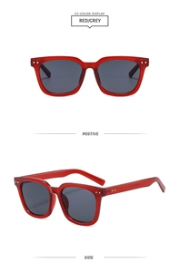 Detailed views of red square sunglasses with gray lenses and gold rivet accents