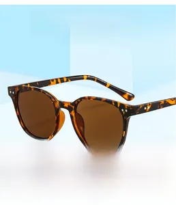 Detail of round leopard print sunglasses with brown lenses on light blue geometric stand