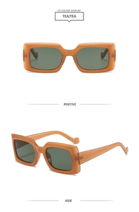 Detailed views of vintage square sunglasses with thick tea frames and tinted lenses