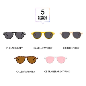 Five assorted vintage round sunglasses shown in black, yellow, beige, tortoise, and pink