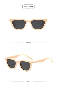 Front and side view of beige square sunglasses with grey lenses in a modern style