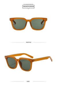 Front and 45-degree side view of orange sunglasses with metal rivet details