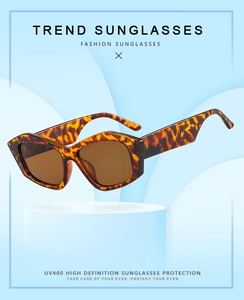 Detail of square tortoiseshell sunglasses on a display stand with UV400 protection info