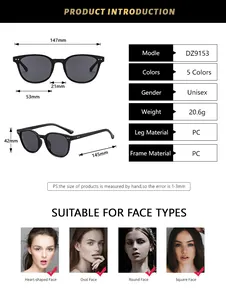 Detailed sizing chart and technical specifications for DZ9153 unisex PC sunglasses
