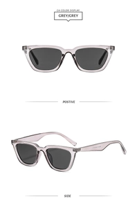 Front and side view of grey translucent square sunglasses with dark lenses