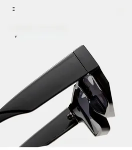 Close-up of high-quality glossy black square sunglasses frame and wide temple joint