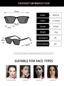 Size chart showing dimensions for square frame sunglasses with PC frame and temple details