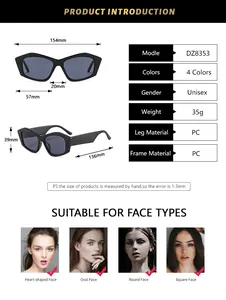 Detailed size chart for square sunglasses showing frame width 154mm and PC material info