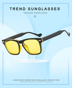Close-up of stylish square frame sunglasses with yellow lenses and UV400 protection