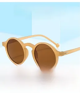 Macro detail of retro round ginger sunglasses with dark brown lenses and metal pins