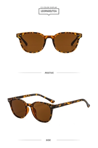 Detail of leopard print tortoiseshell sunglasses with metal rivets and tea lenses