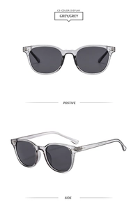 Detail view of grey transparent sunglasses with dark lenses and spec markings