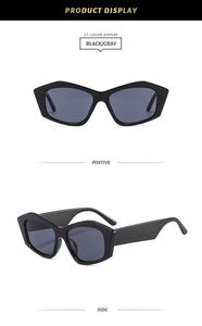 Front and side view of black square cat-eye sunglasses with dark gray lenses