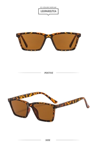 Detail view of leopard print square sunglasses with tea lenses from front and side angles