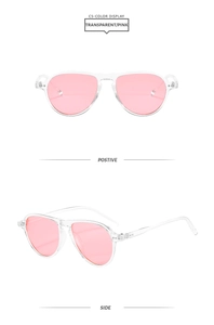 Detail view showing front and side of pink pilot sunglasses with transparent frames
