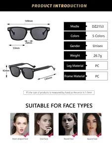 Detailed size chart for DZ2153 sunglasses with frame measurements and face shape guide