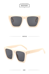 Vue détaillée des lunettes de soleil carrées beige avec verres gris et rivets en métal