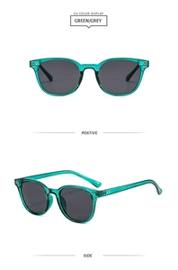 Detailed views of green transparent sunglasses with metal rivets and grey lenses
