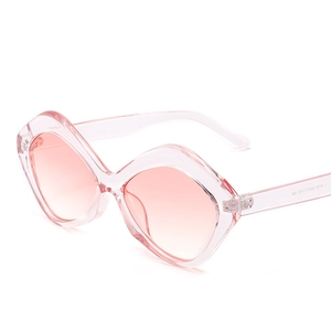 Pink transparent geometric cat eye sunglasses with light gradient lenses in 45-degree view