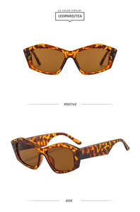 Detail view of leopard print square sunglasses with tea lenses from front and side angles