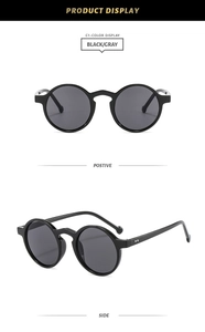 Detailed front and side views of vintage round sunglasses with black frame and rivets