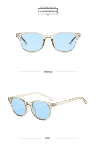 Front and side views of champagne transparent frames with blue lenses sunglasses