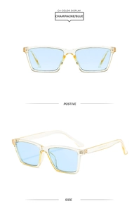 Front and side view of champagne square frame sunglasses with light blue lenses