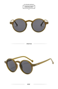 Front and side views of vintage round green sunglasses with dark grey lenses